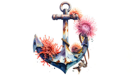 Anchor with flowers on a white background. Watercolor illustration.の素材