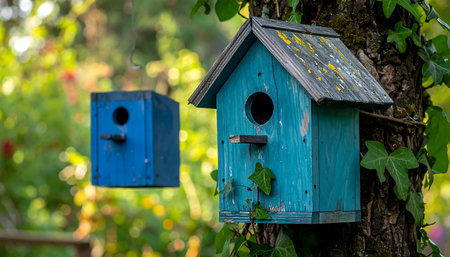 Blue birdhouses on a tree in the garden, close-upの素材