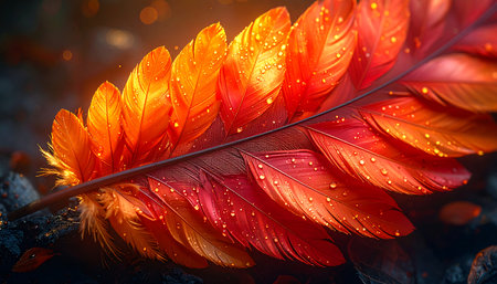 Colorful feathers on the ground in the forest, close up.の素材