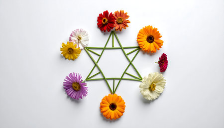 Flowers in star shape on white background, top view. Space for textの素材