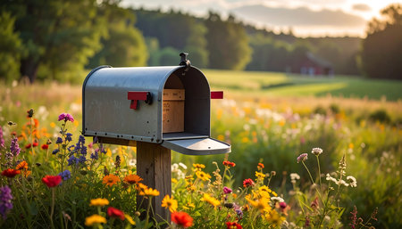 Mailbox in the meadow at sunset with flowers in the foregroundの素材