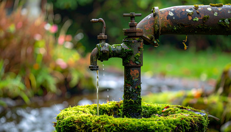 Old rusty water tap with green moss in the garden. Selective focus.の素材