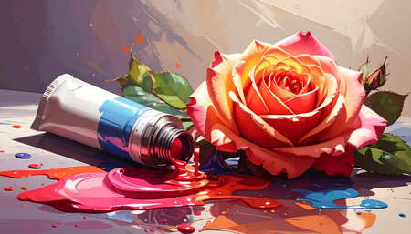 paint tube and rose on the background of watercolor splashesの素材