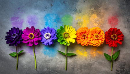 Colorful flowers on grunge background. Zinnia, daisy, gerberaの素材
