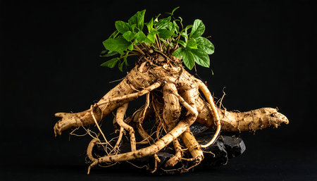 Fresh Jerusalem artichoke roots isolated on black background with copy spaceの素材