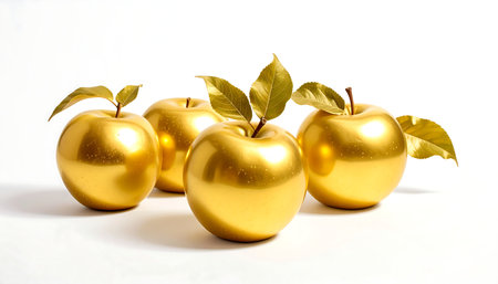 golden apples isolated on a white background, close-up.の素材