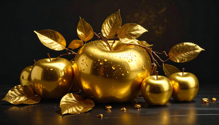 Gold apples with leaves on a black background. Golden apples on a black background.の素材