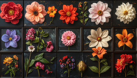 Top view of colorful dahlias and other flowers on dark backgroundの素材
