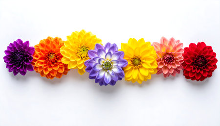 Colorful dahlia flowers isolated on white background, top viewの素材