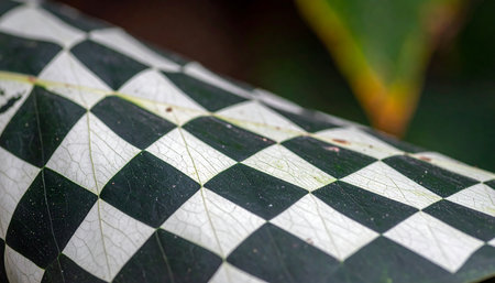Close up of a green and white checkered pattern on a leafの素材
