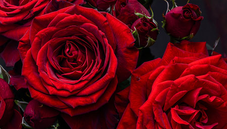 Beautiful red roses in a bouquet on a black background.の素材