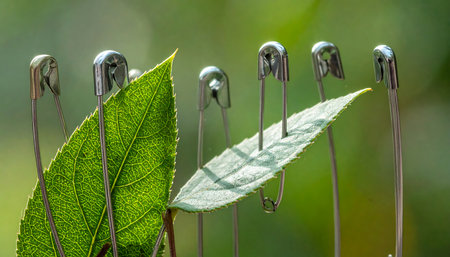Close up of steel safety pin with green leaf on blurred nature backgroundの素材