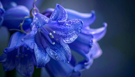 Beautiful blue hyacinth flowers with dew drops close upの素材