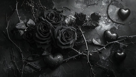 Black roses and hearts on a dark background. Valentines day concept.の素材