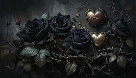 Black roses with hearts on a dark background. 3d illustration.の素材