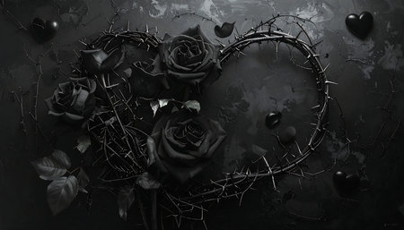 Wreath of black roses with crown of thorns on dark backgroundの素材