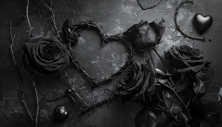 Valentines day background with black roses and hearts on dark backgroundの素材