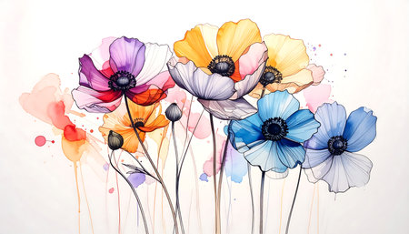 Colorful poppies on a white background. Vector illustration.の素材