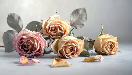 Dried roses on a light background. The concept of dry flowers.の素材