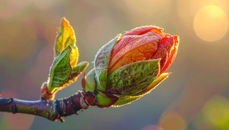 Close up of a bud of a maple tree in the sunlight.の素材