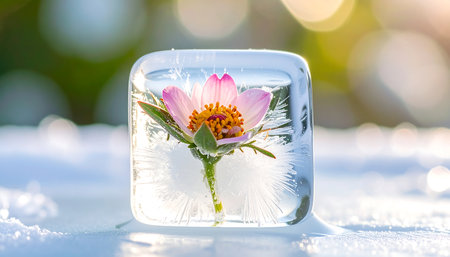 Flower frozen in ice cube with sunbeams and bokehの素材
