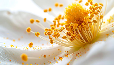 Close up of white rose petals and stamens with pollenの素材
