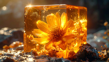 Yellow flower in an ice cube on the background of the sun.の素材