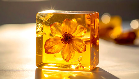 Yellow flower and ice cube on white background. Yellow flower in the sunlight.の素材