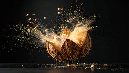 Chestnut explosion with flying seeds on black background. Healthy food conceptの素材
