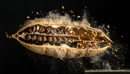 Seeds and seeds of a melon on a black background.の素材