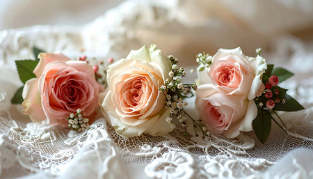 Wedding bouquet of white and pink roses on lace backgroundの素材