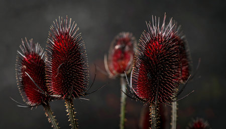 Dipsacus fullonum flowers on dark background, close upの素材