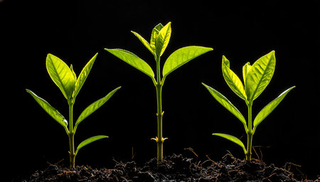 Green seedling illustrating concept of new life and beginning to life with black backgroundの素材