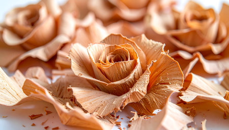 Wooden shavings in the shape of a rose on a white backgroundの素材