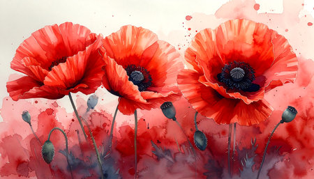 Red poppies on a white background. Watercolor painting.の素材