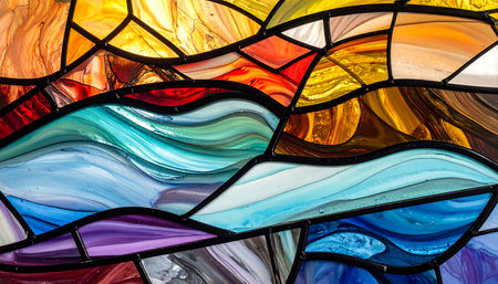 Colorful stained glass window in a church, closeup of photoの素材