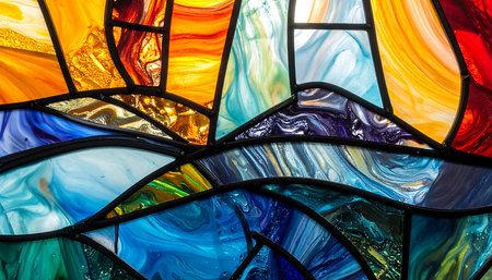 Colorful stained glass window in a church, closeup of photoの素材