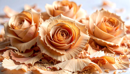 Wooden shavings, closeup of beautiful orange rose flowerの素材