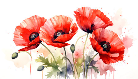 Red poppies in watercolor style. Hand drawn illustration.の素材