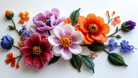 Colorful handmade crocheted flowers on white background, top viewの素材