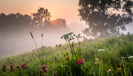Morning in the meadow with fog and wildflowers at sunriseの素材