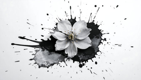 White flower on a black background with splashes and blots.の素材