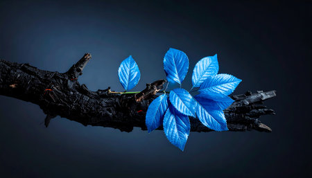 Tree branch with blue leaves isolated on black background. 3d illustrationの素材