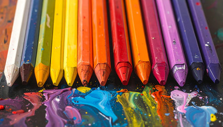 Colorful crayons on a black background. Close-up.の素材