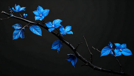Blue flowers on a branch on a black background with space for textの素材