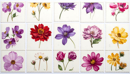 A set of stamps with different flowers. Collection of stamps with flowers.の素材