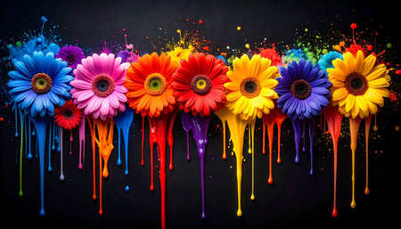 Colorful bright gerbera flowers with paint splashes on black backgroundの素材