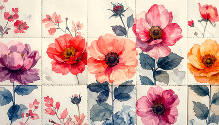 Seamless patchwork pattern with poppies and roses.の素材