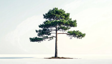 Pine tree on the surface of the water with white sky backgroundの素材