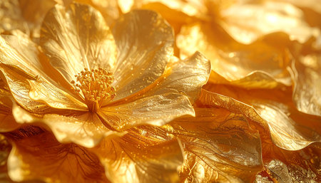 Close up of golden flower petals. Abstract background and texture for design.の素材